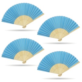 Grantop 4 Pcs Black Folding Hand Fan, Silk Fabric Bamboo Ribs Handheld Fan, Folding Chinese Fan for Wedding Christmas Party Prom Festival DIY Home Decorations (Blue)
