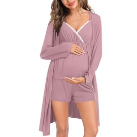 SWOMOG Womens Maternity Robe Set 3 Piece Nursing Pajamas for Breastfeeding 3 in 1 Labor Delivery Hospital Pregnancy Pjs