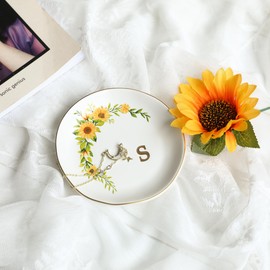 COLLECTIVE HOME - Ceramic Jewelry Tray, Trinket Dish for Rings Earrings Necklaces Bracelet Watch Keys, Birthday Mother's Day Christmas Gift for Women, 4.75", White Surface wirh Sunflowers (s)