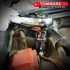 TOMMARS 32-PC Master Allen Hex Bit Socket Set, SAE & Metric Allen Hex Key Wrench Socket Set S2 Steel 1/4", 3/8", 1/2" Drive, H5/64 - H3/4 & H2 - H19