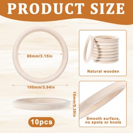 10 Pcs 100mm 4 Inch Wooden Rings for Craft Natural Wood Rings Unfinished Wooden Rings for Craft Wooden Circles for Crafts Wooden Rings Natural Solid Wood Rings for DIY Macrame and Jewelry Craft