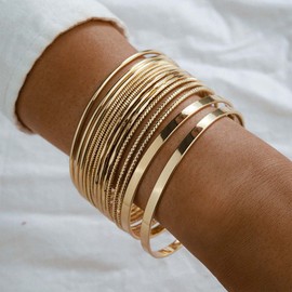 Inateannal 14Pcs Gold Bangle Bracelet Set Indian Stackable Glossy Bracelets Multipack Wrap Bangles Costume Jewelry for Women Girls