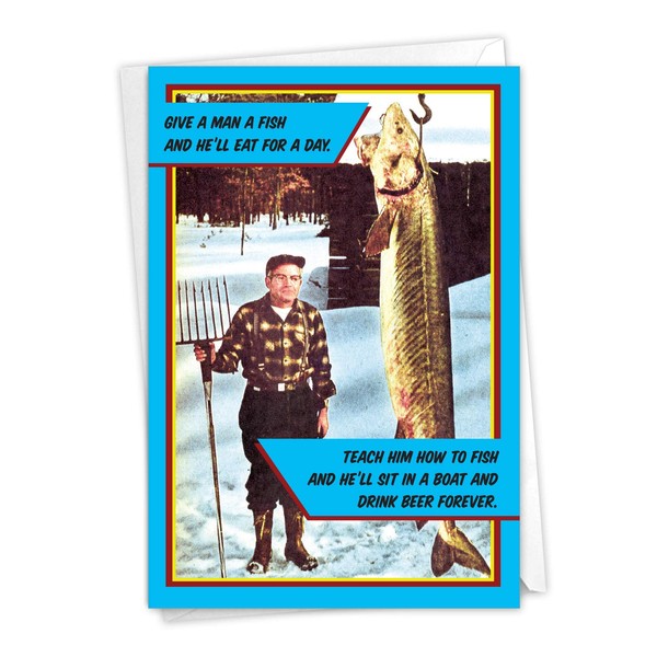 NobleWorks - 1 Funny Card for Father's Day - Dad Humor Card from Son or Daughter, Notecard for Dad, Pa, Pop, Daddy, Stepfather with Envelope with Envelope - Give a Man a Fish 0116