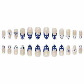 MERVF Almond Press on Nails Medium Fake Nails White French Tip Glue ons Bow Blueberry Design Nail Checkered Stiletto Acrylic Supplies DIY Manicure Glossy 24pcs
