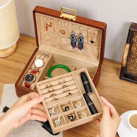 2 Layer Solid Wooden Jewelry Box with Lock and Key for Women Men Vintage Velvet Wood Jewelry Organizer Storage for Earrings Rings Necklaces Bracelet Watch Mother’s Day Gift