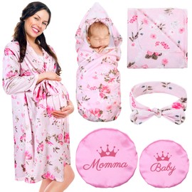 Mepase 5 Pcs Mommy and Me Hospital Matching Outfits Baby Girl Boys Maternity Robe Swaddle Blanket Headband Hat for Mom Baby(Light Pink,Large)
