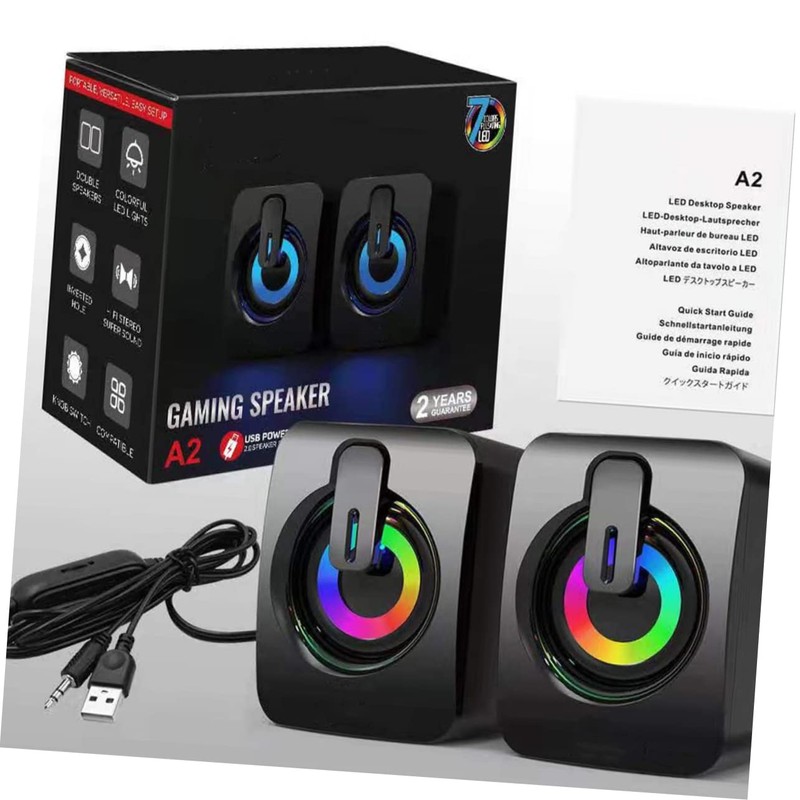 KOMBIUDA 1pair USB-Powered Computer Speakers RGB Lighting Omnidirectional Sound Portable