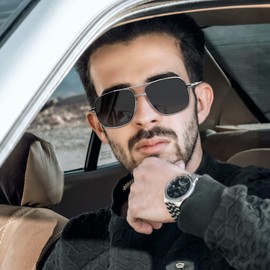 KANASTAL Black Sunglasses Mens Square Womens Polarised Large Framed Dark Shade Ladies UV400 Protection Oversized Metal - Gunmetal Frame Black Lens