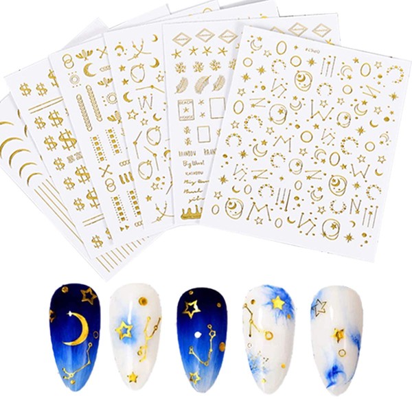 Star Nail Art Stickers Decals 3D Gold Self Adhesive Nail Decals 6Sheets Luxury Nail Art Supplies Metallic Star Moon Money Nail Designs Stickers for Acrylic Nails DIY Nail Art Decorations Manicure Tips