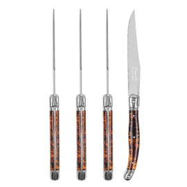 French Home Laguiole Connoisseur 4-Piece Steak Knife Set –Stainless Steel with Tortoise Shell Handles, Etched Detailing & Napoleon Bee Emblem – Serrated Knives for Smooth Cutting (9.25")