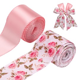 2 Rolls Floral Wired Ribbons, 2.5 Inch x 10 Yards Satin Ribbon Spring Summer Flower Decorative Burlap Grosgrain for Gift Wrapping Wreaths Bow Craft Wedding Birthday Bouquets Decor Fabric (Pink)