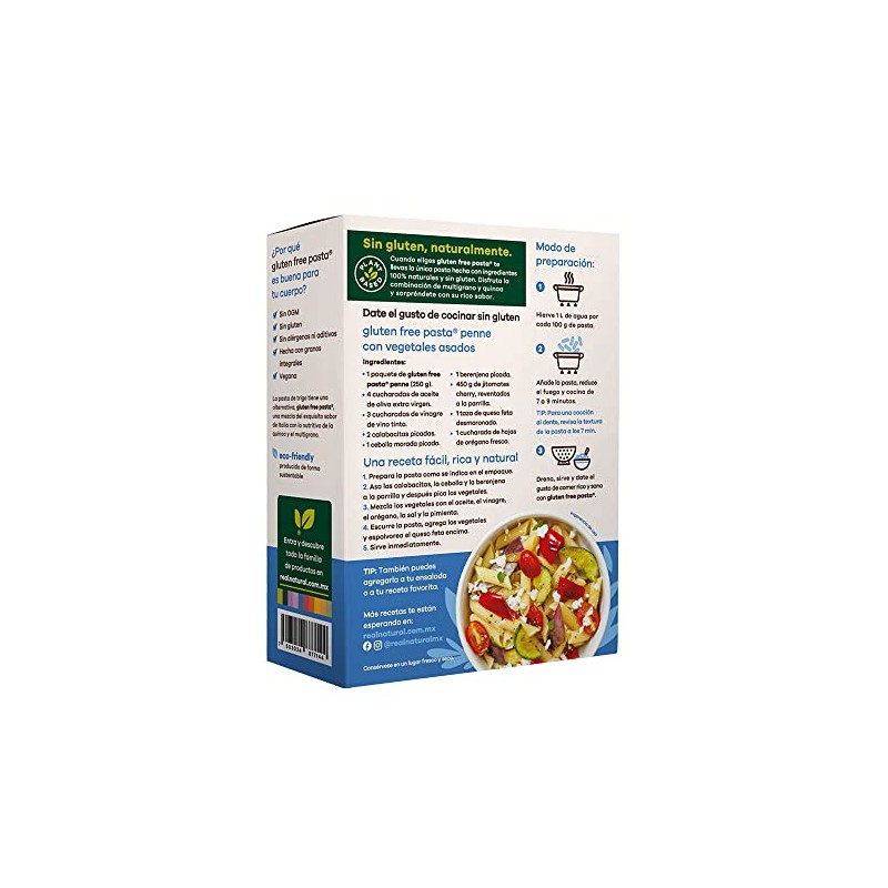 Real Natural, GLUTEN FREE PENNE QUINOA MULTIGRANO, 340 gramos