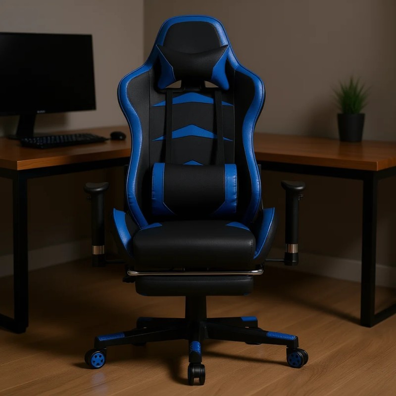 Gaming Chair Blue PU Leather 4D Armrest Manual Recliner Swivel