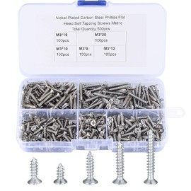 500 Pcs M3 Self Tapping Screws, Small Wood Decking Screws, Tiny Concrete Screws, Cross Drive Flat Head Fastening Screws with Plastic Box for Home DIY - 8/10/12/16/20 mm