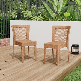 Christopher Knight Home Set of 2 Bonnie Patio Wicker Dining Chairs, Outdoor Woven Faux Rattan Stacking Armless Chair, Sturdy Metal Frame Garden/Porch/Poolside/Backyard Stackable Side Chair,Light Brown
