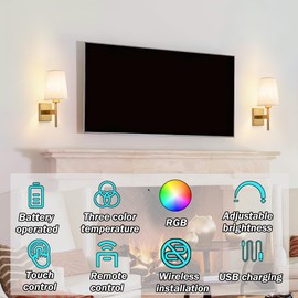 YHCDLAMP Battery Operated Wall Sconces Set of Two,Battery Operated Wall Lights with Remote, Fabric RGB Color Changing Dimmable Wall Lamp for Bedroom Living Room, Easy to Install (Color : Brass)