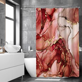 BayNook Burgundy Red Marble Shower Curtain, Modern Abstract Fabric Shower Curtain for Bathroom, Luxury Art Decor Gold Ink Texture Watercolor Shower Curtain Set with Hooks 72x72