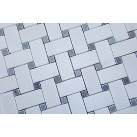 Thassos White Greek Marble Basketweave Mosaic Tile with Bardiglio Blue Gray Marble Dots, Polished