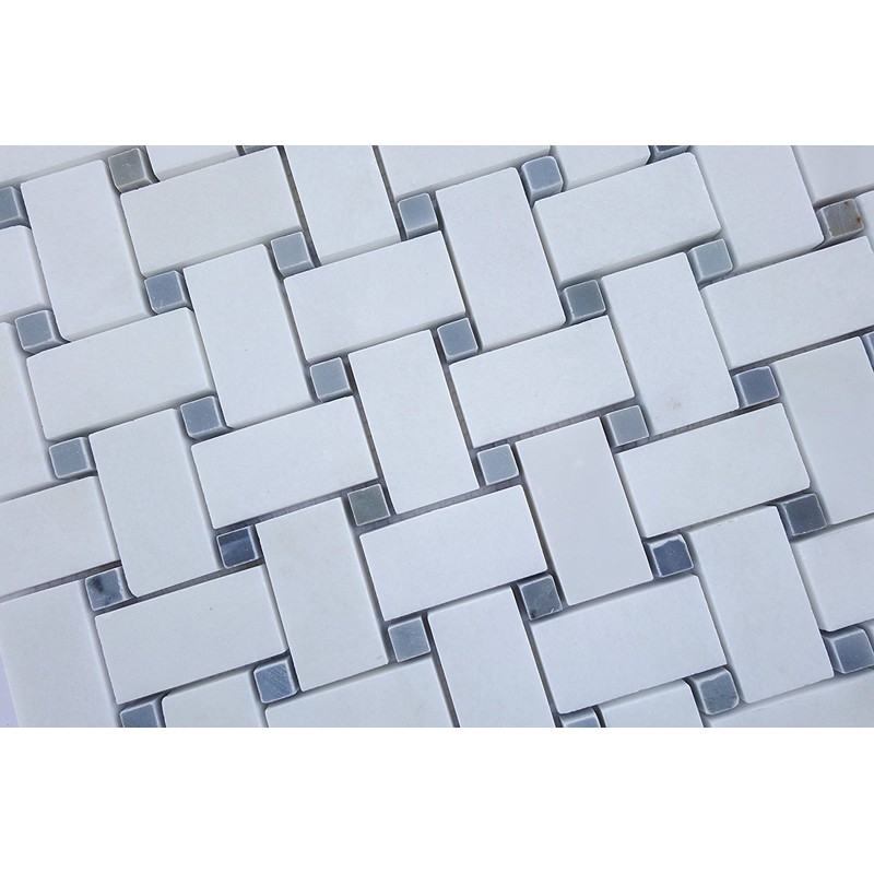 Thassos White Greek Marble Basketweave Mosaic Tile with Bardiglio Blue