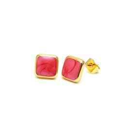 CHICNET Brass Stud Earrings Square Grained 8 mm Colourful Gold Enamel Nickel Free Brass Pink