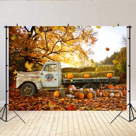 Lofaris Autumn Pumpkin Truck Photography Backdrop Harvest Hay Fall Forest Maple Leaves Background 6x4ft Thanks-Giving Day Party Banner Photo Decorations