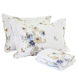 FADFAY Floral Bed Sheet Set 100% Cotton 4 Piece Shabby Style Bedding Set (Queen, White Floral)