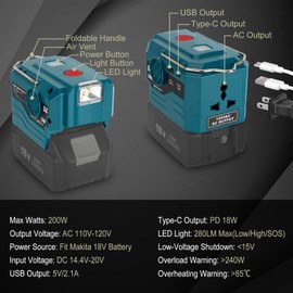 GRVODFRTA DC 18V to AC 110V Power Inverter for Makita 18V Battery 200W Portable Modified Sine Wave Power Inverter Converter with LED Light, USB and Type-C Port(No Battery)
