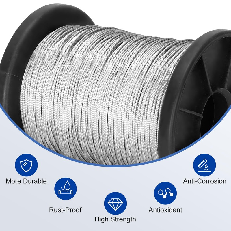 316 Stainless Steel Cable, 200FT 1/32IN Wire Rope with 50Pcs