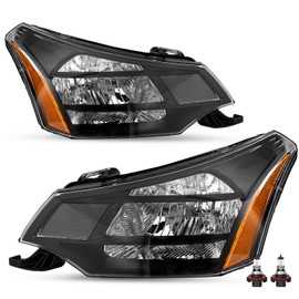 SOCKIR Headlight Assembly Fit for 2008-2011 Ford Focus Headlamp Replacement w/Bulbs Driver & Passenger Side (Black Housing with Amber Reflector)