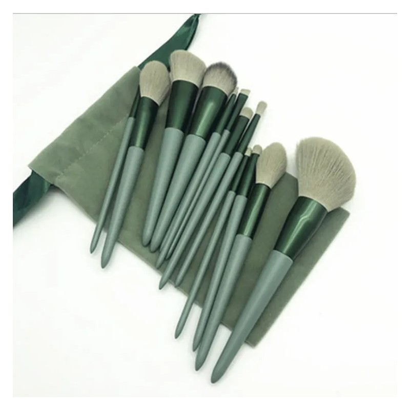 Set Brochas de maquillaje 13 piezas profesional y bolsa verde