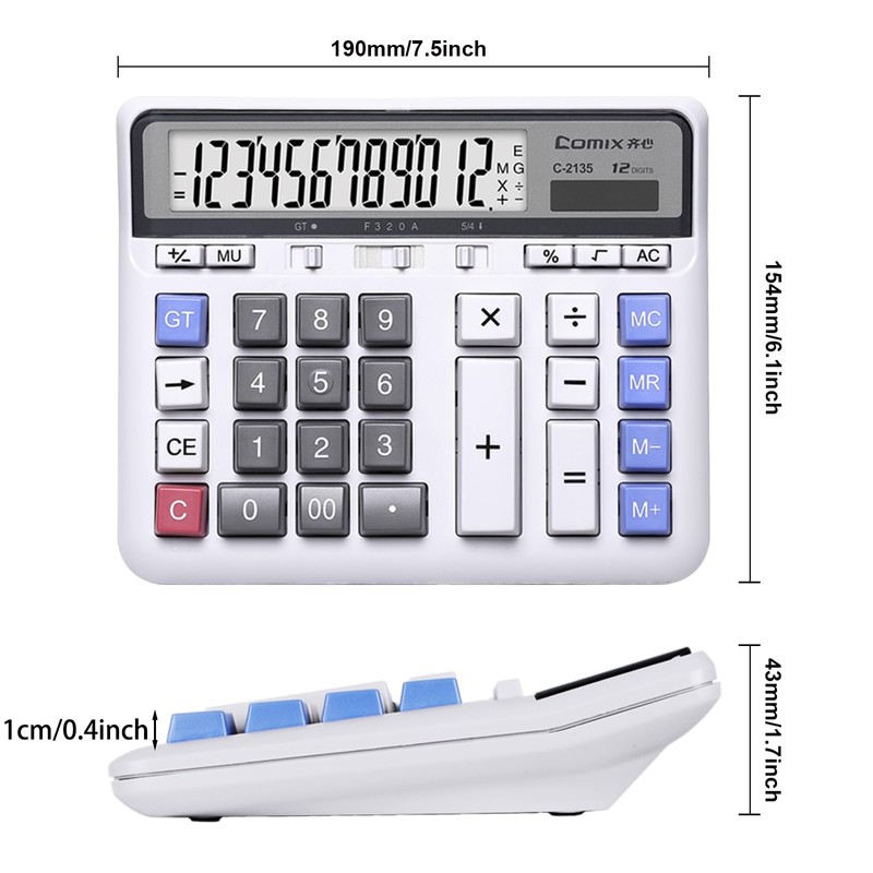 Comix Desktop Calculator Solar Battery Dual Power with 12-Digit Large