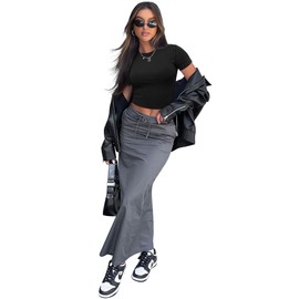 SAMPEEL Crop Tops for Women Trendy Black Shirts 2024 Crew Neck Cotton Tights Tshirts L