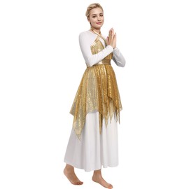 AFAVOM Praise Dance Dress for Women - Metallic Lyrical Liturgical Long Sleeve Glitters Sequin Tunic - Worship Church Dancewear Costume with Sparkle Ruffle Skirt - Gold M