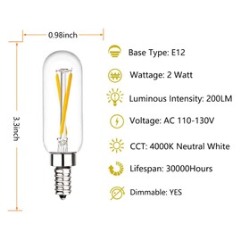 T6 LED Bulb 25watt E12 Modern Chandelier Bulbs E12 LED Edison Bulb 4000K Dimmable Candelabra Edison Bulb 2W T6 Tubular Bulb for Chandelier Ceiling Light, 12 Pack