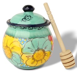 Hand-Painted Ceramic Honey Jar, 8 oz Honey Pot with Dipper (Flowers Green)