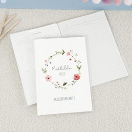 hellomini Hausaufgabenheft-Hülle DIN A5 – Personalisierter Einleger mit Name – liebevolle Motive – Schutzhülle für Schule & Vorschule Opt. Hausaufgabenheft (Blumenkranz Rot, Einleger + Hülle)