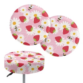 Psesaysky Strawberry Daisy Stool Covers Round Set of 2 Dust Proof Bar Chair Cover Durable Round Bar Stool Covers Elastic Bar Stool Slipcovers
