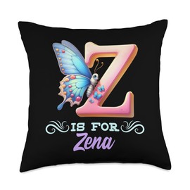 Z Is For Zena Girly Butterfly And Flower Initial Name Throw Pillow
