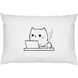 2 x 'Exhausted Cat Working with Coffee' Cotton Pillow Cases (PW00040645)
