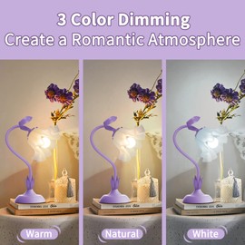 Women Bedside Table Lamps for Bedroom, Cute Flower Desk Lamp with Adjustable Flexible Gooseneck, 3 Color Temperatures Nightstand Lamp with E26 LED Bulbs, Floral Lamp for Living Room, Office,Reading