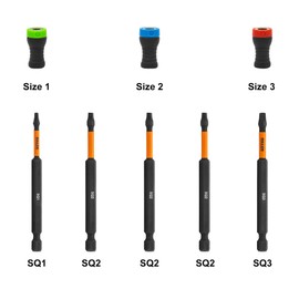 Square Bit Set w/Magentic Sleeves - Premium S2 Steel 3-1/2 Inch Impact Driver 5-Piece Robertson Square Bit Set With 3 Magnetic Sleeves & Storage Bit Holder & Carabiner