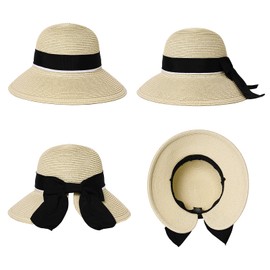 Summer Large Straw Sun Hat for Women UV Protection Foldable Packable Beach Wide Brim UPF Ladies Pure Beige L