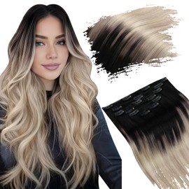 Ugeat Human Hair Clip in Extensions Ombre Black Double Weft Clip in Human Hair Extensions Black to Ash Blonde Mix Platinum Blonde Thick Remy Short 14 Inch 7pcs 105g