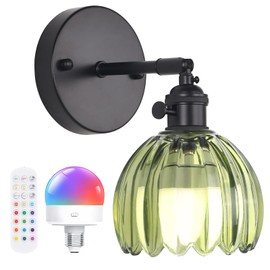 Shenmoyl Vintage Battery Operated Wall Sconce with Green Tulip Glass Lampshade Rechargeable Battery Powered Black Wall Light with Remote Control for Bedside Bedroom Doorway