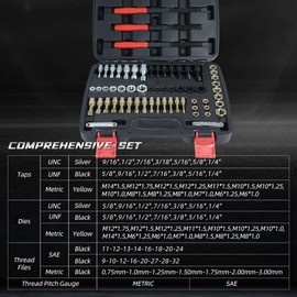FICHFOYE 61-Pcs Thread Chaser Tool, Thread Repair Kit SAE & Metric, 40CR Carbon Steel Color-Coded Dies/Taps Thread Restoration Tools for Automotive/Machinery, UNC/UNF/Metric, 28 Dies+28 Taps+3 Files