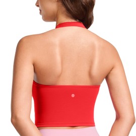 CRZ YOGA Womens Butterluxe Halter Longline Sports Bra - Padded Workout Yoga Crop Tops Tanks with Built in Pads Deep Red Large