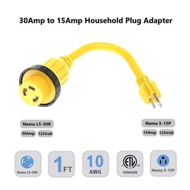 1FT 30-Amp to 15-Amp Marine & RV-Adapter Cord Nema 5-15P to L5-30R,10AWG 15Amp Male to 30Amp-Female Twist Lock Power Adapter,Marine Shore Power 30A 125V Receptacle to 110V 15A Household Plug