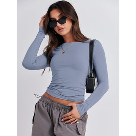 ANRABESS Women’s Long Sleeve Shirts Tight Fitted Going Out Crop Tops Crewneck Basic Tee Y2k Fall Outfits Teens Girls Clothess Grey Blue M