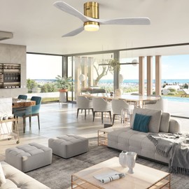 Sofucor 52 Inch Low Profile Ceiling Fan with Lights, Modern Ceiling Fan with Light and Remote, Flush Mount Ceiling Fan 3 Wood Blades for Outdoor Patios Farmhouse Bedroom Living Room