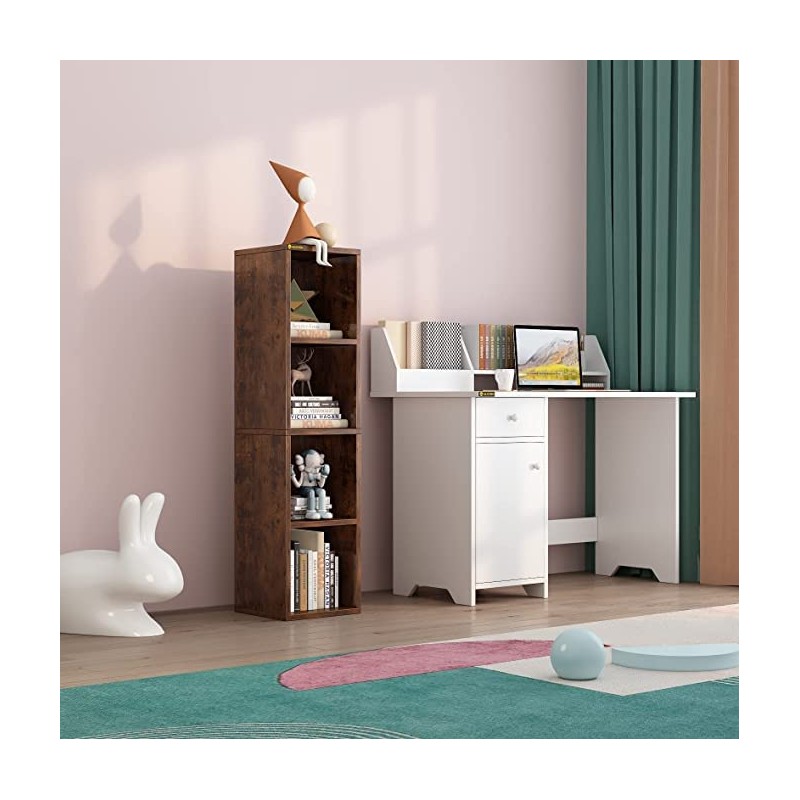 ALISENED 4 Cube Small Bookshelf, Narrow Storage Organizer Shelf, Wooden